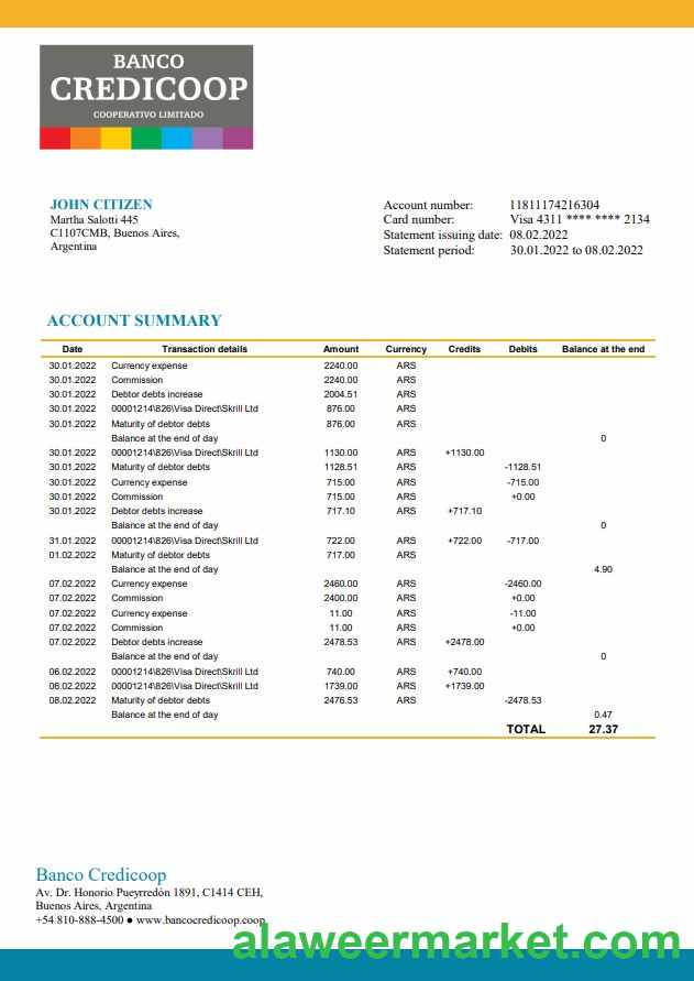 Argentina Banco Credicoop bank statement